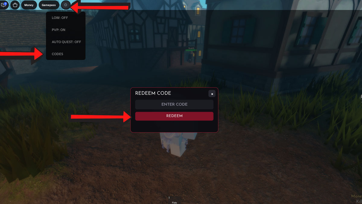Vampire Life in-game screenshot showing the dark village street, the settings menu with the CODES option, and the Redeem Code window.