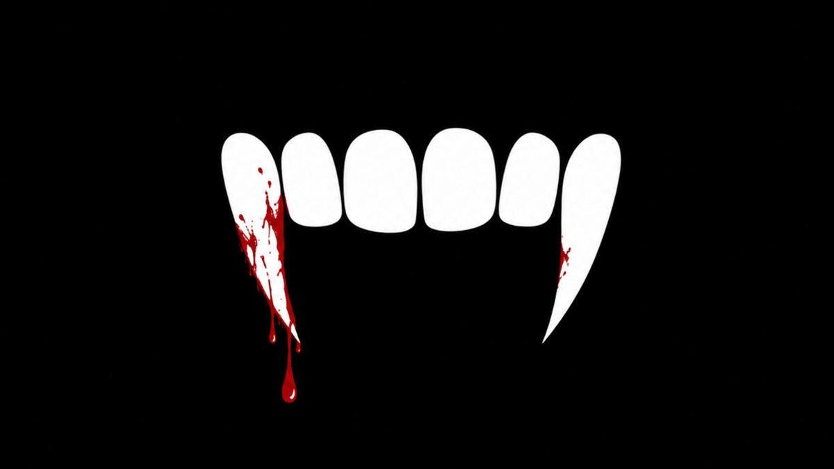Vampire Life promotional artwork of white vampire fangs with blood dripping on a black background.